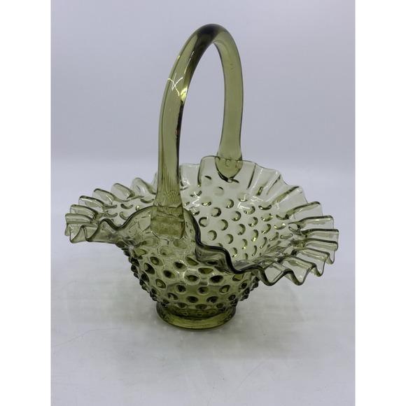 Fenton Other - Vintage Fenton Green opalescent hobnail pattern glass flower Ruffled basket